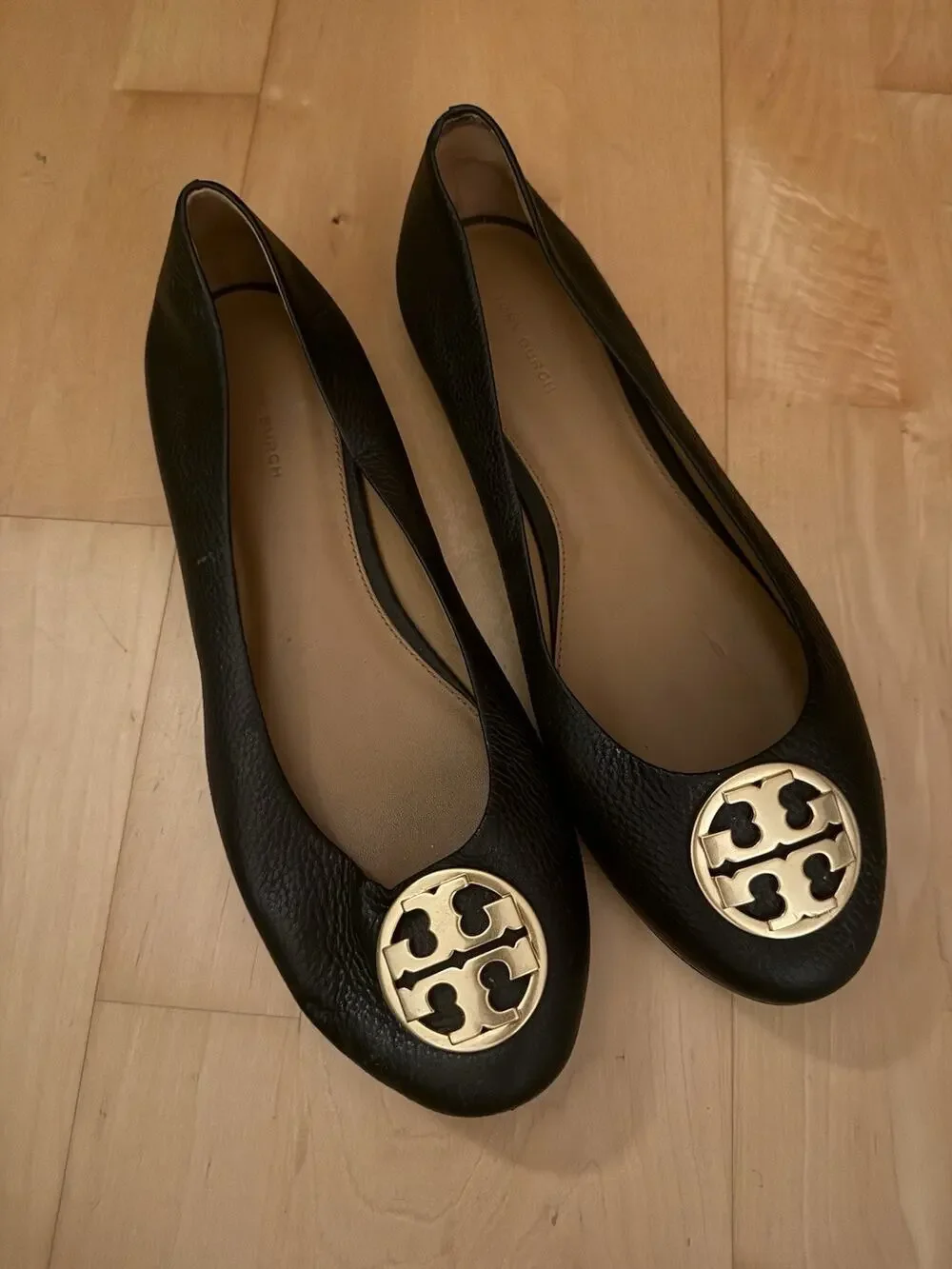 Tory Burch Chelsea Signature Logo Classic Leather Flat Ballet Shoe Black Gold 11